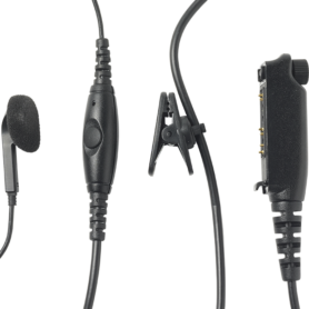 GSM-Style hands-free kit consisting of separate ear piece, in-line microphone and PTT module. Terminated with RAC connector