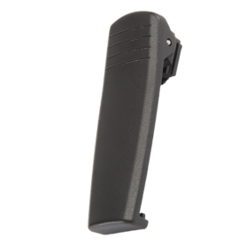 Back upright view STP Belt Clip attached via a retainer on rear of the radio