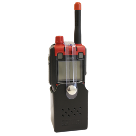 Front view STP8X Holster-Style Leather Case allowing quick removal of the radio